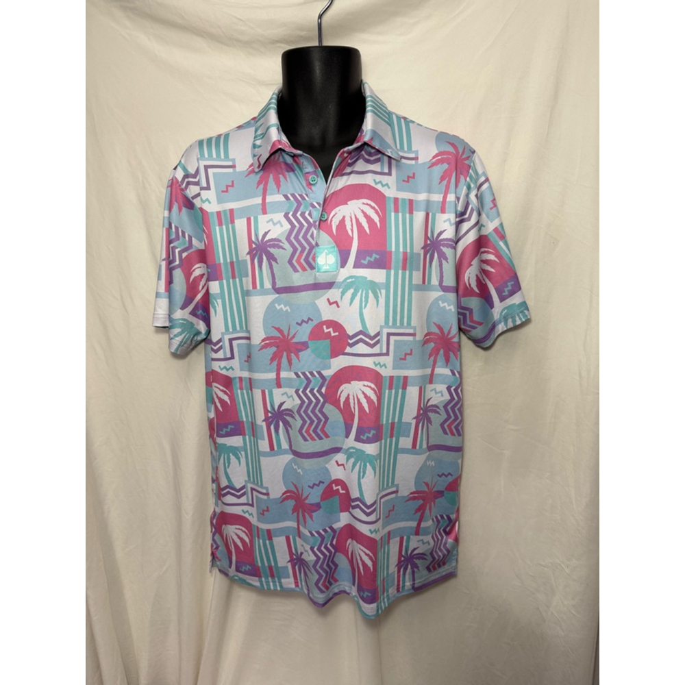 Men's Pins & Aces Polo Shirt Size L White Pink Palm Tree Print